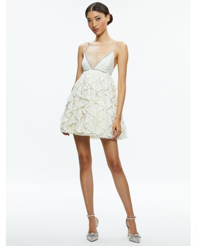 Alice + Olivia Wilmarie Embellished Lace Ruffle Mini Gown - White
