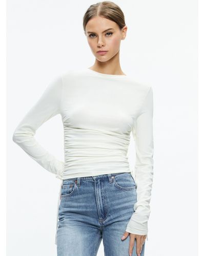 Alice + Olivia Percy Crewneck Ruched Cropped Top - White
