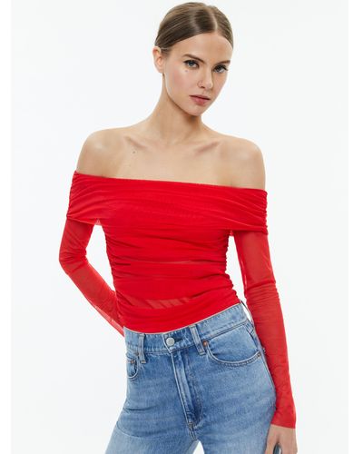 Alice + Olivia Isadola Over The Shoulder Ruched Long Sleeve Top - Red