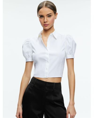Alice + Olivia Willa Cropped Puff Sleeve Button Down - White