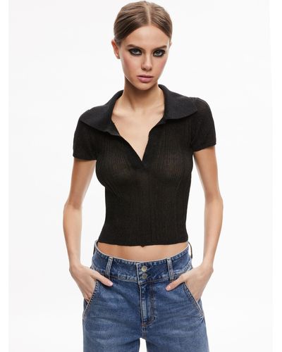 Alice + Olivia Martha Metallic Polo Crop Top - Black