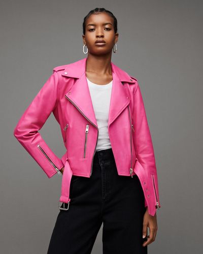 AllSaints Balfern Belted Hem Leather Biker Jacket - Pink