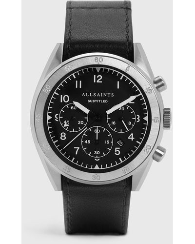 AllSaints Stainless Steel And Leather Subtitled Iv Watch - Black