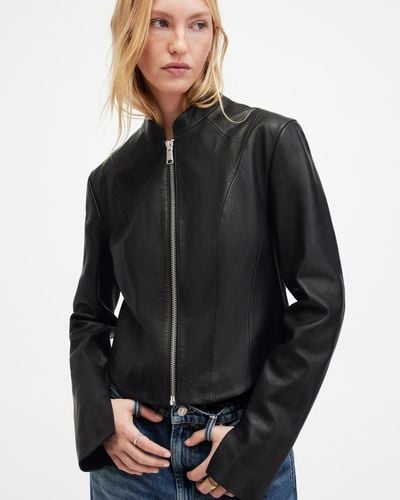 AllSaints Sadler Slim Fit Leather Jacket - Grey