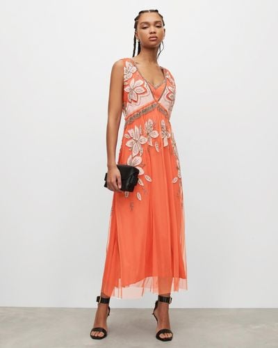 AllSaints Laia Embroidered Maxi Dress - Orange