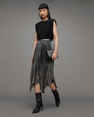 AllSaints Lerin Metallic Asymmetric Midi Skirt, - Grey