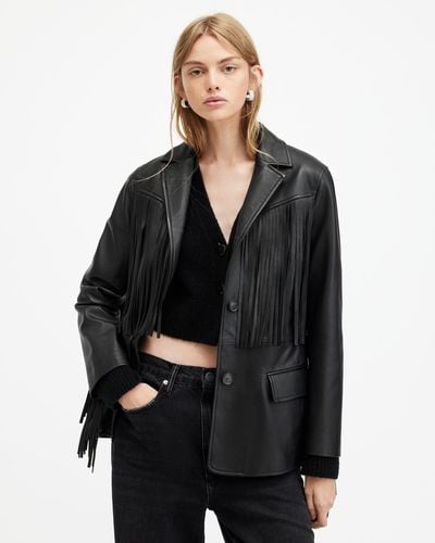 AllSaints Corinna Tassel Leather Blazer - Black