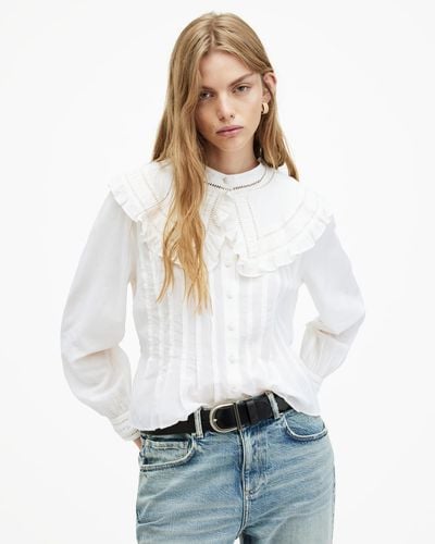 AllSaints Olea Removable Collar Pintucked Shirt - White