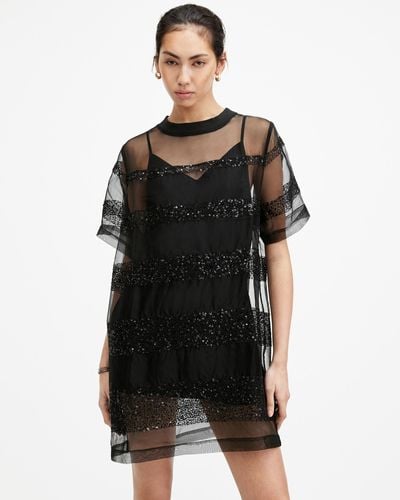 AllSaints Izabela Embellished Mesh Mini Dress - Black