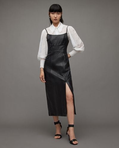 AllSaints Norlene Side Split Leather Midi Dress - Grey
