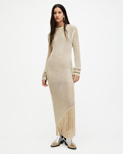 AllSaints Jesse Metallic Crochet Midi Dress - Natural