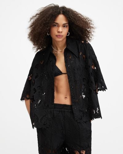 AllSaints Charli Relaxed Fit Embroidered Shirt, - Black