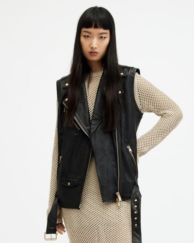 AllSaints Billie Leather Oversized Biker Gilet - Black