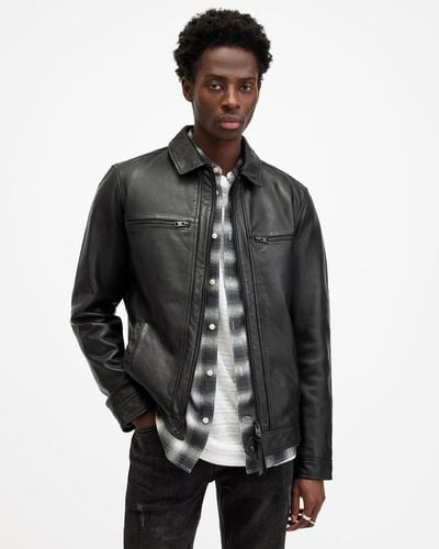 AllSaints Luck Slim Front Zip Up Leather Jacket - Gray