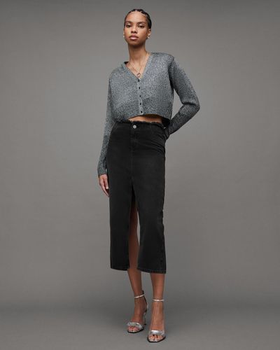 AllSaints Cyra Frayed Waistband Maxi Denim Skirt, - Grey