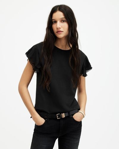 AllSaints Isabel Frill Trim Short Sleeve T-shirt, - Black