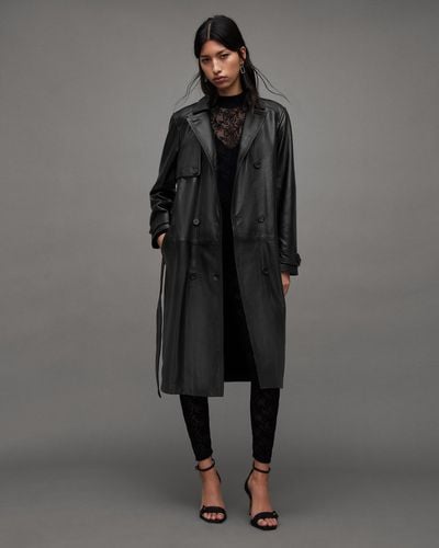 AllSaints Okena Double Breasted Leather Trench Coat - Grey
