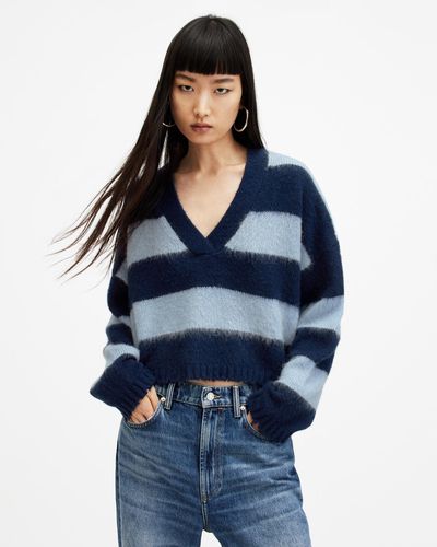 AllSaints Lou Striped Croppy V-neck Sweater - Blue