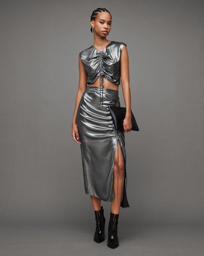AllSaints Carla Gathered Metallic Midi Skirt - Grey