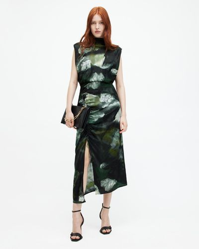 AllSaints Isa Silk Blend Camo Print Midi Dress - Green