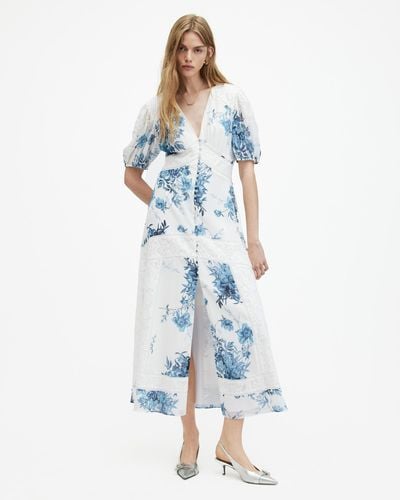 AllSaints Dinah Floral-print Recycled-polyester Maxi Dress - Blue