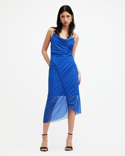 AllSaints Ulla Mesh Draped Midi Dress - Blue