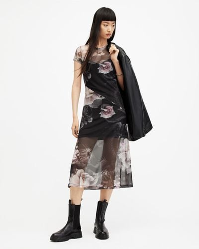 AllSaints Hanna Valley Printed Mesh Midi Dress - Black