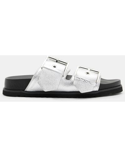 AllSaints Sian Metallic Leather Buckle Sandals - White