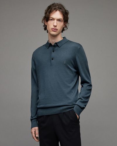 AllSaints Statten Ramskull Long Sleeve Polo Sweater in Gray for