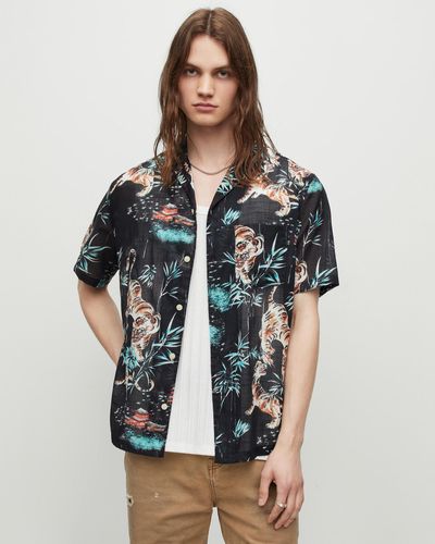 AllSaints Tagise Tiger Print Short Sleeve Shirt - Blue