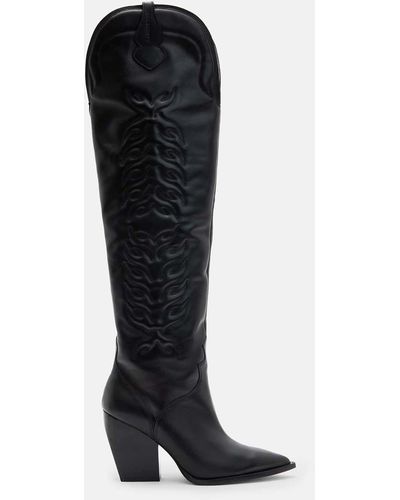 AllSaints Roxanne Knee High Western Leather Boots - Black