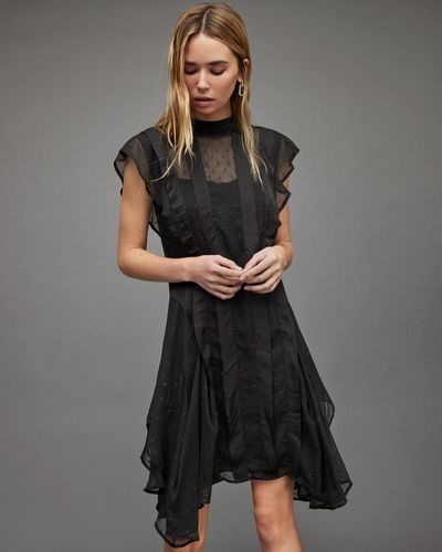 AllSaints Fleur Shimmer Mini Asymmetric Hem Dress - Black