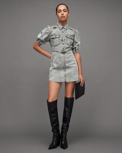 AllSaints Jackie Denim Puff Sleeve Mini Dress - Grey