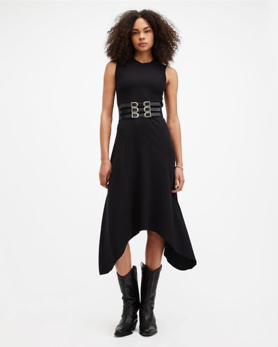 AllSaints Gia Asymmetrical Ribbed Midi Dress, - Black