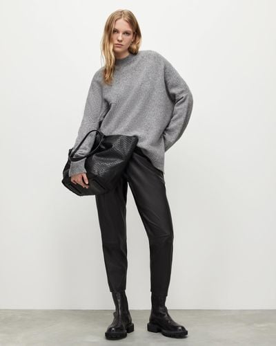 AllSaints Jen Mid-rise Leather Jogger Pants, - Gray