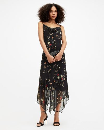 AllSaints Charlotte Kora Floral Print Midi Slip Dress, - Black