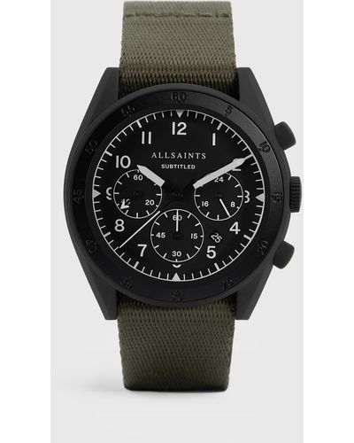 AllSaints Subtitled I Matte Black Stainless Steel And Military Green Nylon Watch