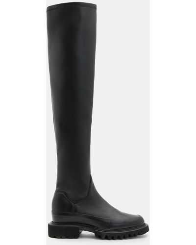 AllSaints Leona Stretch Leather Over The Knee Boots - Black