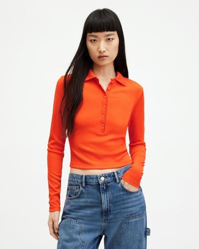 AllSaints Hallie Long Sleeve Ribbed Polo Shirt - Orange