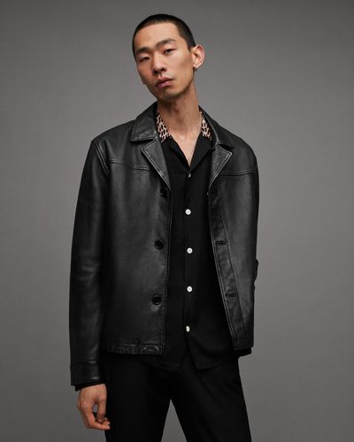 AllSaints Tona Cropped Slim Fit Leather Jacket - Grey