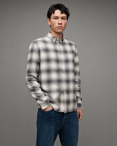 AllSaints Omega Relaxed Fit Checked Flannel Shirt - Grey