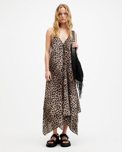 AllSaints Lil Leopard Print Asymmetric Maxi Dress, - Multicolour