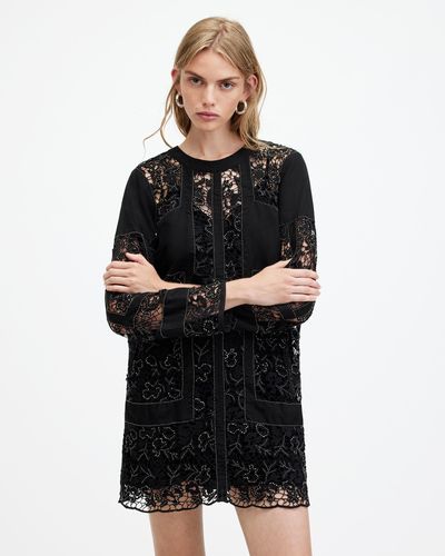 AllSaints Noush Embellished Linen Blend Mini Dress, - Black