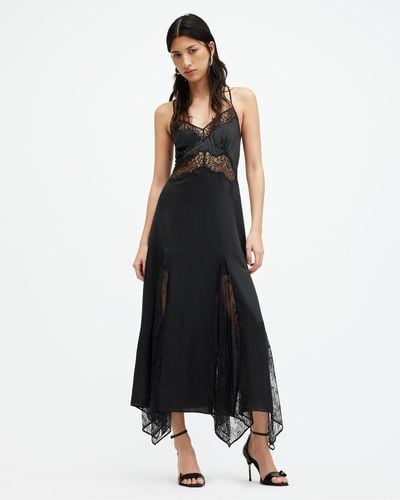 AllSaints Jasmine Silk Blend Lace Maxi Slip Dress, - Black