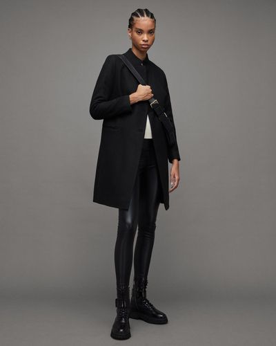 AllSaints Riley Funnel-neck Wool-blend Coat in Black | Lyst