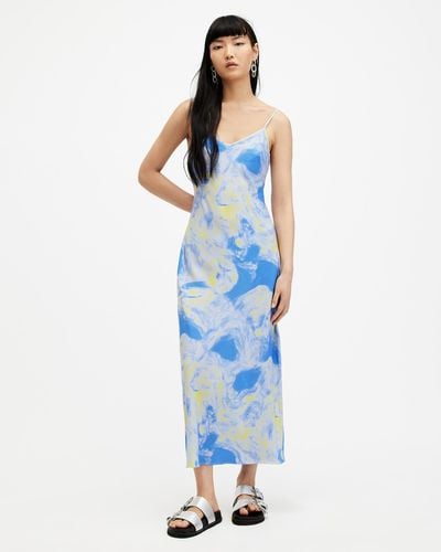 AllSaints Bryony Spiral Print Midi Slip Dress, - Blue