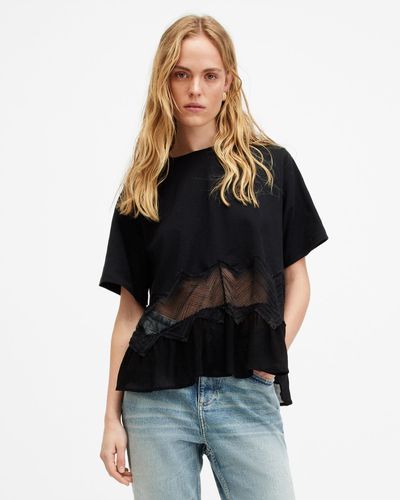 AllSaints Gracie Lace Panelled Oversized T-shirt, - Black
