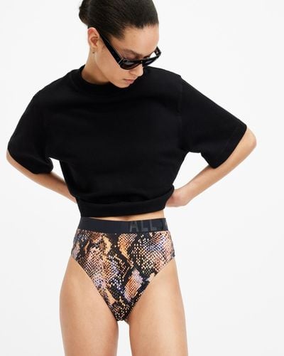 AllSaints Dara Snake Print Logo Bikini Bottoms, - Black