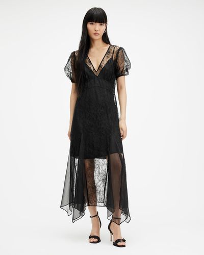 AllSaints Rayna V-neck Lace Maxi Dress, - Black