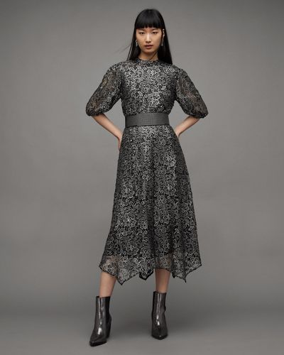 AllSaints Camila Asymmetric Broderie-anglaise Midi Dress - Grey